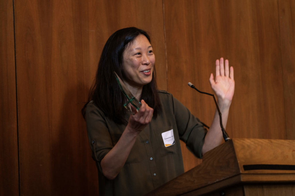 Emmeline Chuang accepting one of three Graduate Assembly Faculty Mentor Awards.
